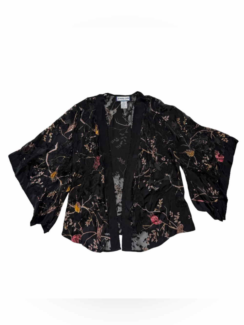 Simply Silk Open Front Silk Kimono Top Cardigan Sheer Size Small Floral
